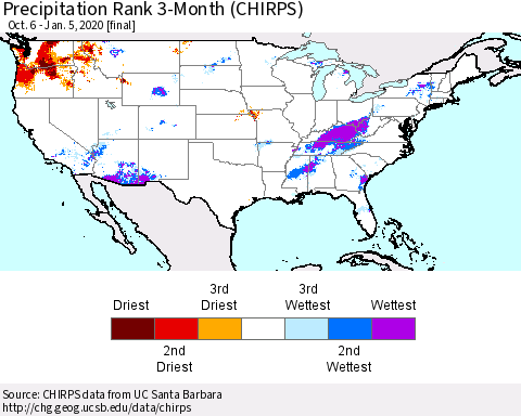 United States Precipitation Rank 3-Month (CHIRPS) Thematic Map For 10/6/2019 - 1/5/2020