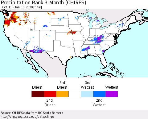 United States Precipitation Rank 3-Month (CHIRPS) Thematic Map For 10/11/2019 - 1/10/2020