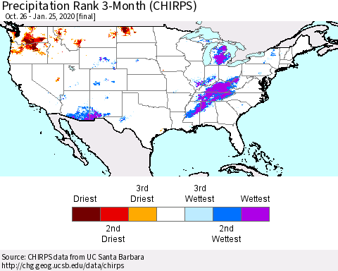 United States Precipitation Rank since 1981, 3-Month (CHIRPS) Thematic Map For 10/26/2019 - 1/25/2020