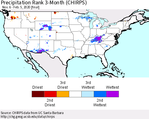 United States Precipitation Rank 3-Month (CHIRPS) Thematic Map For 11/6/2019 - 2/5/2020