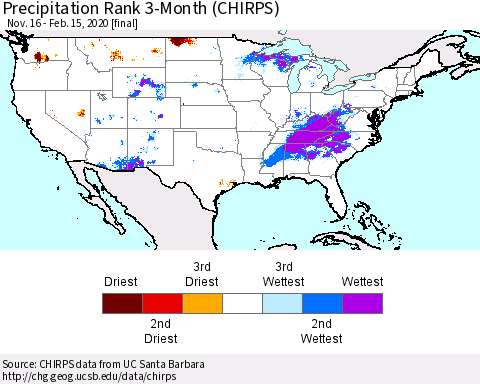 United States Precipitation Rank since 1981, 3-Month (CHIRPS) Thematic Map For 11/16/2019 - 2/15/2020