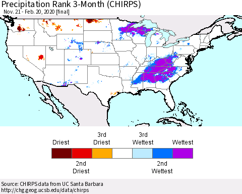 United States Precipitation Rank since 1981, 3-Month (CHIRPS) Thematic Map For 11/21/2019 - 2/20/2020