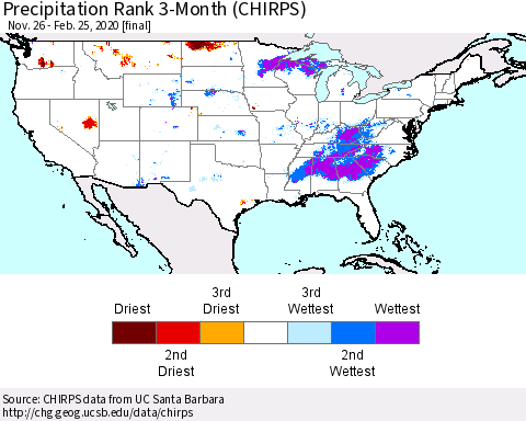 United States Precipitation Rank 3-Month (CHIRPS) Thematic Map For 11/26/2019 - 2/25/2020