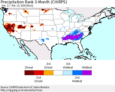 United States Precipitation Rank since 1981, 3-Month (CHIRPS) Thematic Map For 12/11/2019 - 3/10/2020