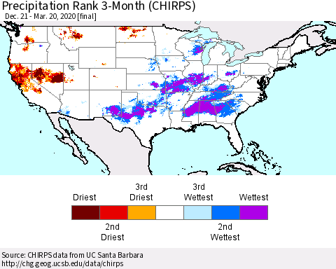 United States Precipitation Rank since 1981, 3-Month (CHIRPS) Thematic Map For 12/21/2019 - 3/20/2020