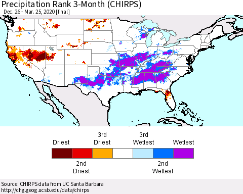 United States Precipitation Rank since 1981, 3-Month (CHIRPS) Thematic Map For 12/26/2019 - 3/25/2020