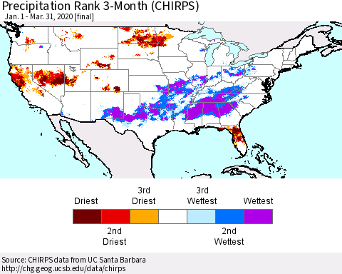 United States Precipitation Rank since 1981, 3-Month (CHIRPS) Thematic Map For 1/1/2020 - 3/31/2020