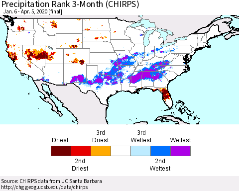 United States Precipitation Rank 3-Month (CHIRPS) Thematic Map For 1/6/2020 - 4/5/2020