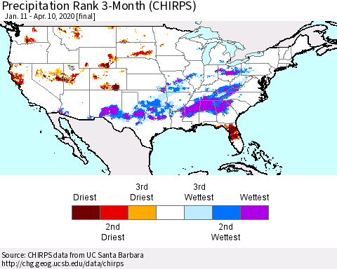 United States Precipitation Rank 3-Month (CHIRPS) Thematic Map For 1/11/2020 - 4/10/2020