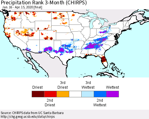 United States Precipitation Rank since 1981, 3-Month (CHIRPS) Thematic Map For 1/16/2020 - 4/15/2020