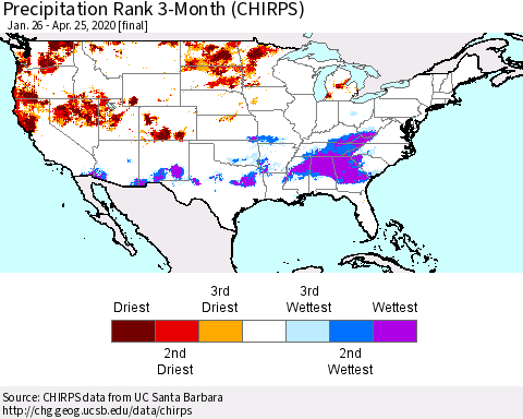 United States Precipitation Rank 3-Month (CHIRPS) Thematic Map For 1/26/2020 - 4/25/2020
