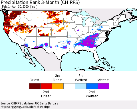 United States Precipitation Rank 3-Month (CHIRPS) Thematic Map For 2/1/2020 - 4/30/2020
