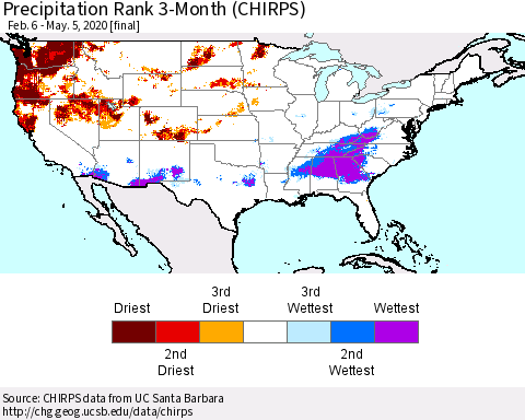 United States Precipitation Rank since 1981, 3-Month (CHIRPS) Thematic Map For 2/6/2020 - 5/5/2020