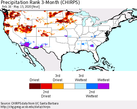 United States Precipitation Rank since 1981, 3-Month (CHIRPS) Thematic Map For 2/16/2020 - 5/15/2020