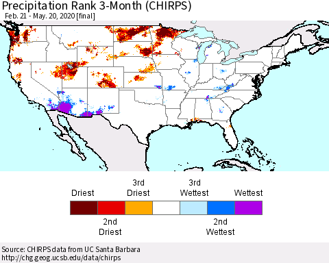 United States Precipitation Rank 3-Month (CHIRPS) Thematic Map For 2/21/2020 - 5/20/2020