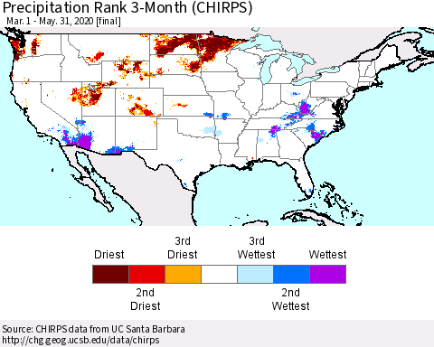 United States Precipitation Rank 3-Month (CHIRPS) Thematic Map For 3/1/2020 - 5/31/2020