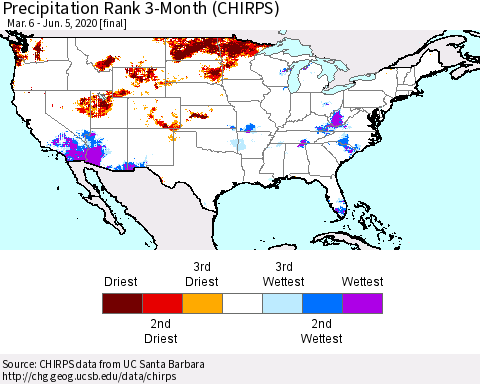 United States Precipitation Rank 3-Month (CHIRPS) Thematic Map For 3/6/2020 - 6/5/2020