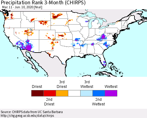 United States Precipitation Rank since 1981, 3-Month (CHIRPS) Thematic Map For 3/11/2020 - 6/10/2020