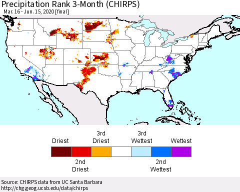 United States Precipitation Rank since 1981, 3-Month (CHIRPS) Thematic Map For 3/16/2020 - 6/15/2020