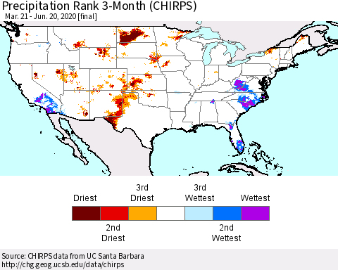 United States Precipitation Rank 3-Month (CHIRPS) Thematic Map For 3/21/2020 - 6/20/2020