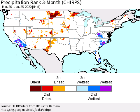 United States Precipitation Rank since 1981, 3-Month (CHIRPS) Thematic Map For 3/26/2020 - 6/25/2020