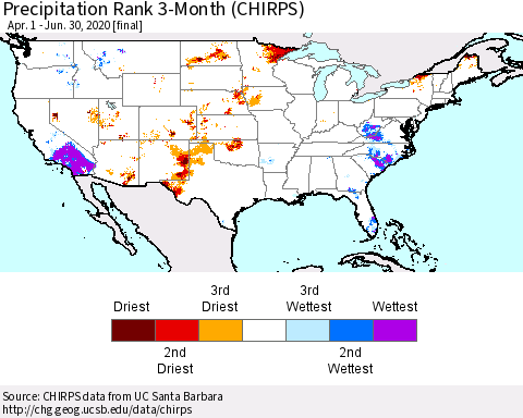 United States Precipitation Rank since 1981, 3-Month (CHIRPS) Thematic Map For 4/1/2020 - 6/30/2020