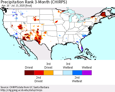 United States Precipitation Rank since 1981, 3-Month (CHIRPS) Thematic Map For 4/16/2020 - 7/15/2020