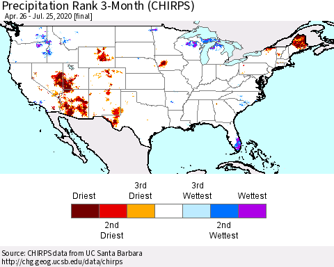 United States Precipitation Rank since 1981, 3-Month (CHIRPS) Thematic Map For 4/26/2020 - 7/25/2020