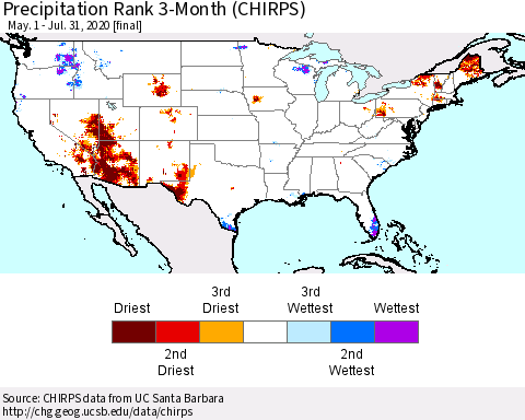 United States Precipitation Rank since 1981, 3-Month (CHIRPS) Thematic Map For 5/1/2020 - 7/31/2020