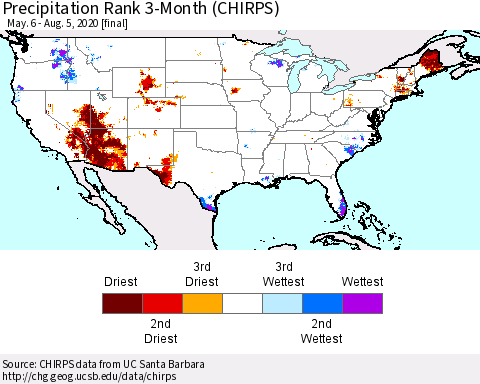 United States Precipitation Rank since 1981, 3-Month (CHIRPS) Thematic Map For 5/6/2020 - 8/5/2020