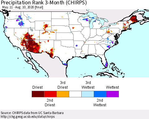 United States Precipitation Rank since 1981, 3-Month (CHIRPS) Thematic Map For 5/11/2020 - 8/10/2020
