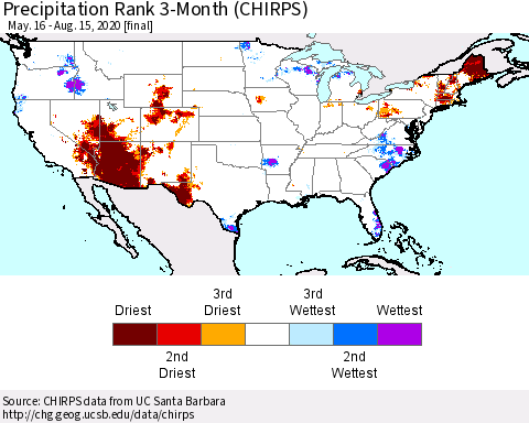United States Precipitation Rank since 1981, 3-Month (CHIRPS) Thematic Map For 5/16/2020 - 8/15/2020