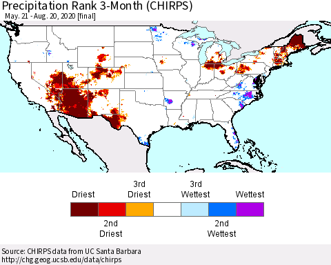United States Precipitation Rank since 1981, 3-Month (CHIRPS) Thematic Map For 5/21/2020 - 8/20/2020