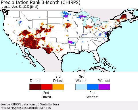 United States Precipitation Rank since 1981, 3-Month (CHIRPS) Thematic Map For 6/1/2020 - 8/31/2020