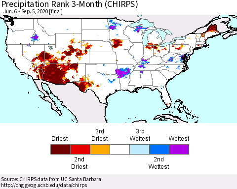United States Precipitation Rank since 1981, 3-Month (CHIRPS) Thematic Map For 6/6/2020 - 9/5/2020