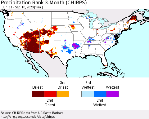 United States Precipitation Rank since 1981, 3-Month (CHIRPS) Thematic Map For 6/11/2020 - 9/10/2020