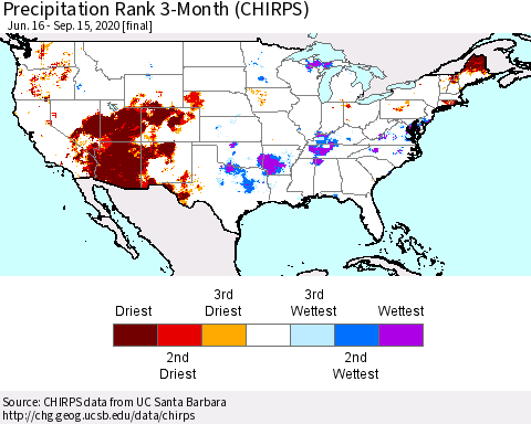 United States Precipitation Rank since 1981, 3-Month (CHIRPS) Thematic Map For 6/16/2020 - 9/15/2020