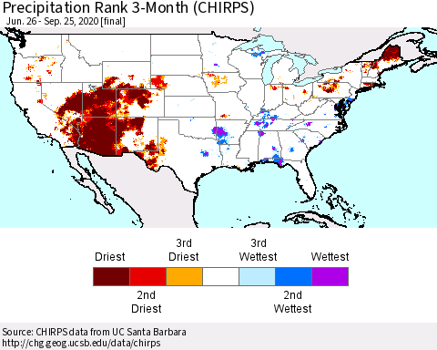 United States Precipitation Rank 3-Month (CHIRPS) Thematic Map For 6/26/2020 - 9/25/2020