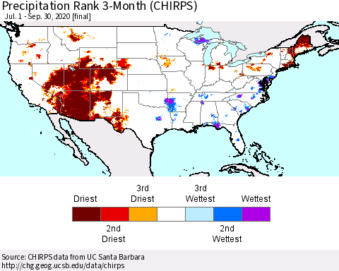United States Precipitation Rank since 1981, 3-Month (CHIRPS) Thematic Map For 7/1/2020 - 9/30/2020