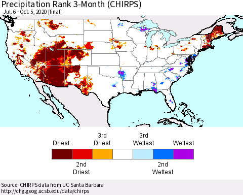 United States Precipitation Rank since 1981, 3-Month (CHIRPS) Thematic Map For 7/6/2020 - 10/5/2020