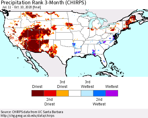 United States Precipitation Rank since 1981, 3-Month (CHIRPS) Thematic Map For 7/11/2020 - 10/10/2020