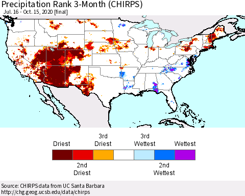 United States Precipitation Rank since 1981, 3-Month (CHIRPS) Thematic Map For 7/16/2020 - 10/15/2020