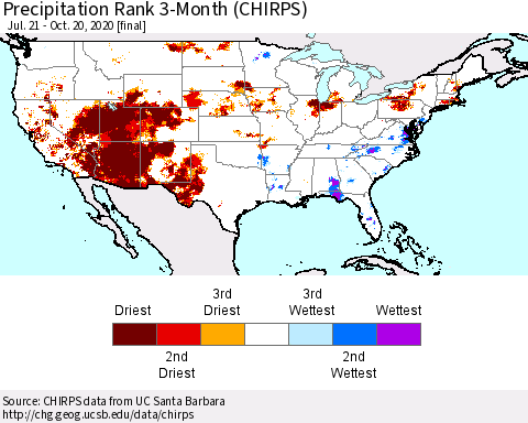 United States Precipitation Rank 3-Month (CHIRPS) Thematic Map For 7/21/2020 - 10/20/2020