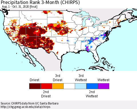 United States Precipitation Rank since 1981, 3-Month (CHIRPS) Thematic Map For 8/1/2020 - 10/31/2020