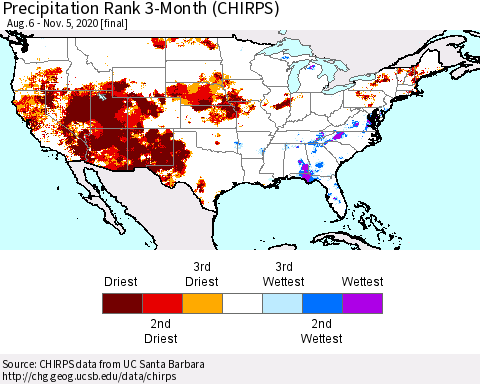 United States Precipitation Rank 3-Month (CHIRPS) Thematic Map For 8/6/2020 - 11/5/2020