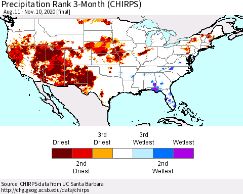 United States Precipitation Rank 3-Month (CHIRPS) Thematic Map For 8/11/2020 - 11/10/2020