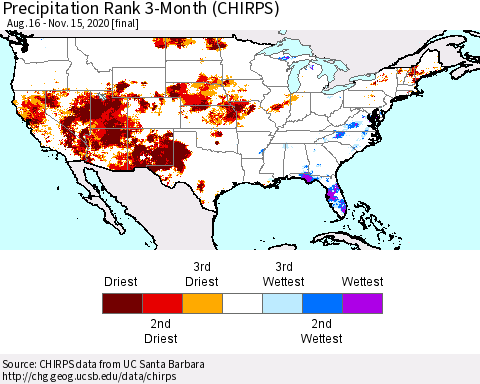 United States Precipitation Rank since 1981, 3-Month (CHIRPS) Thematic Map For 8/16/2020 - 11/15/2020