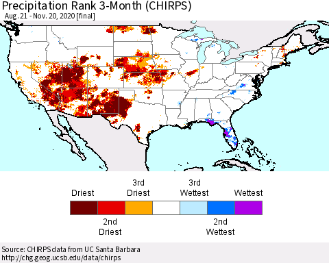 United States Precipitation Rank 3-Month (CHIRPS) Thematic Map For 8/21/2020 - 11/20/2020