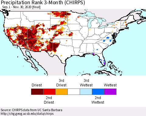 United States Precipitation Rank since 1981, 3-Month (CHIRPS) Thematic Map For 9/1/2020 - 11/30/2020