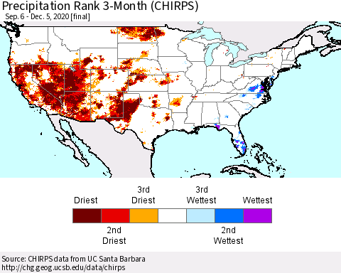 United States Precipitation Rank 3-Month (CHIRPS) Thematic Map For 9/6/2020 - 12/5/2020